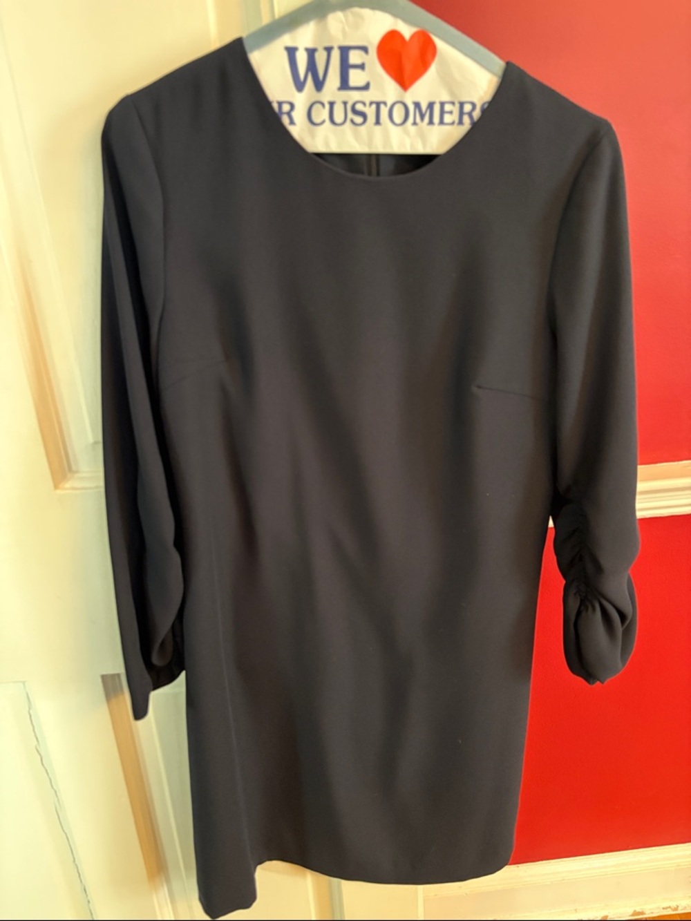 Club Monaco Black Midi Shift Dress with Gathered Sleeves